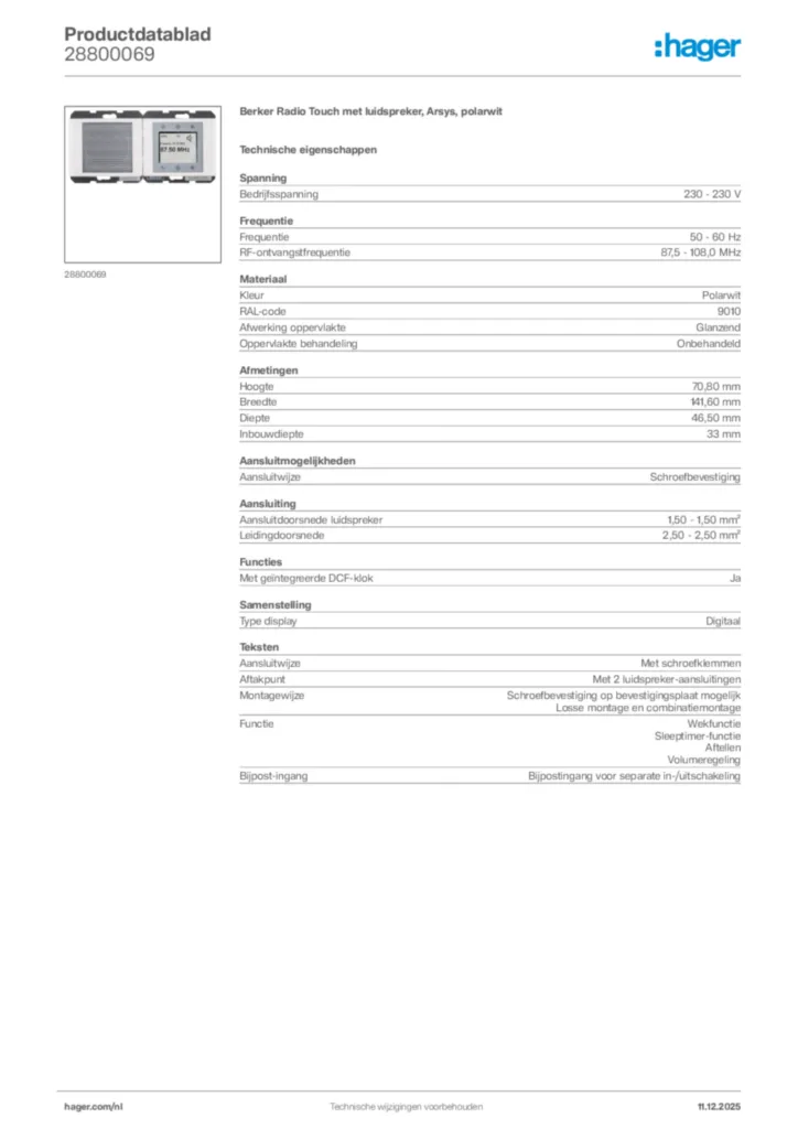 Afbeelding Hager Productdatablad 28800069 | Hager Nederland