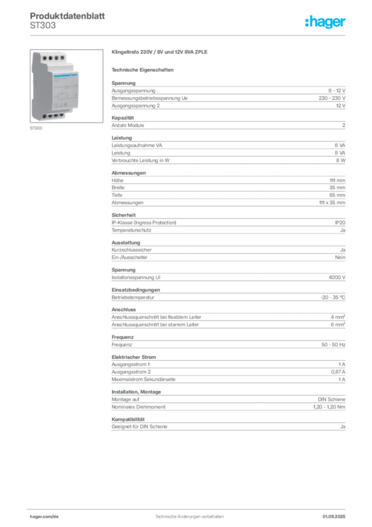 Bild Hager Produktdatenblatt ST303 | Hager Deutschland