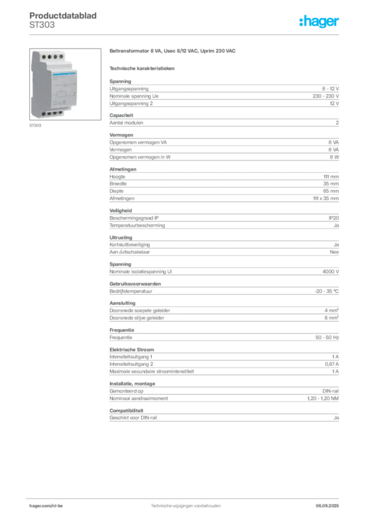 Afbeelding Hager Productdatablad ST303 | Hager Belgium