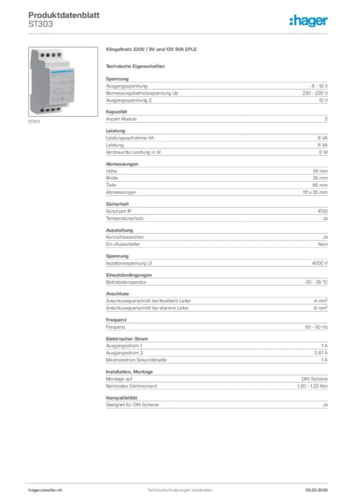 Bild Hager Produktdatenblatt ST303 | Hager Schweiz