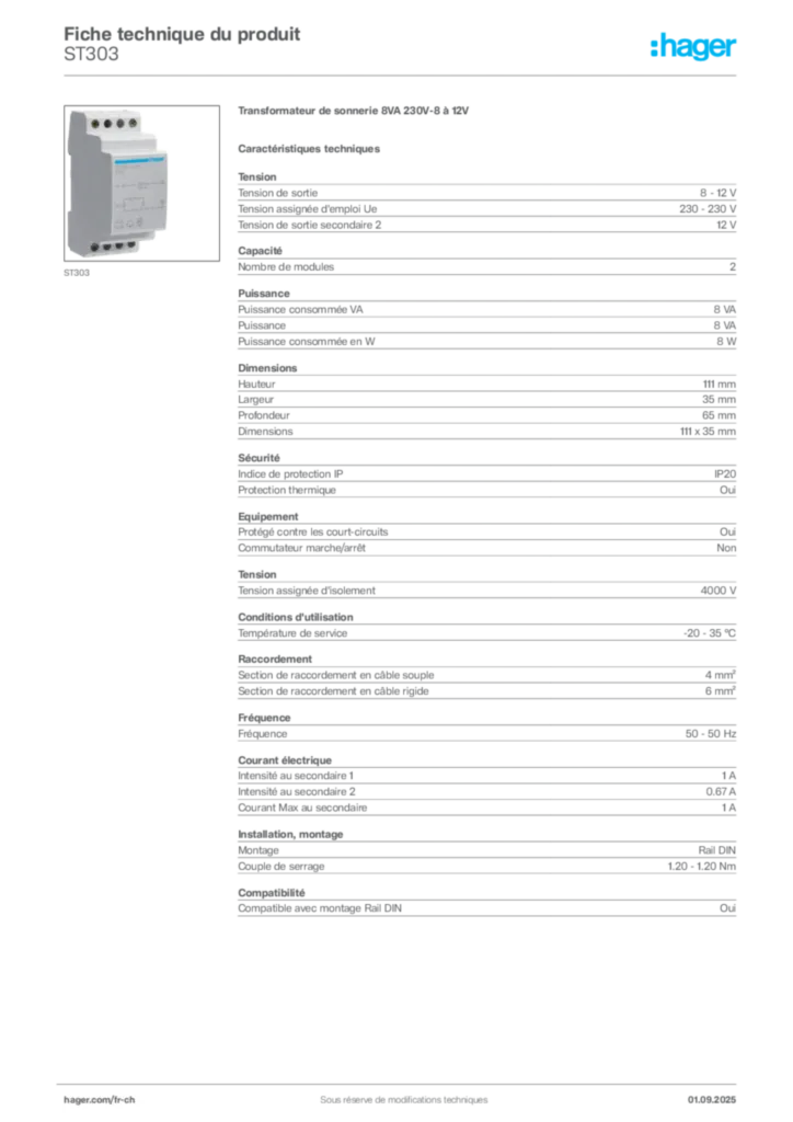 Image Hager Fiche technique du produit ST303 | Hager Suisse