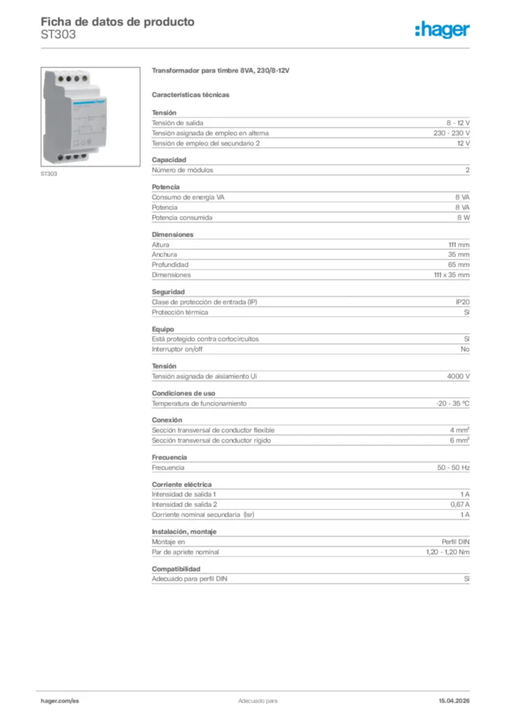 Imagen Hager Ficha de datos de producto ST303 | Hager España