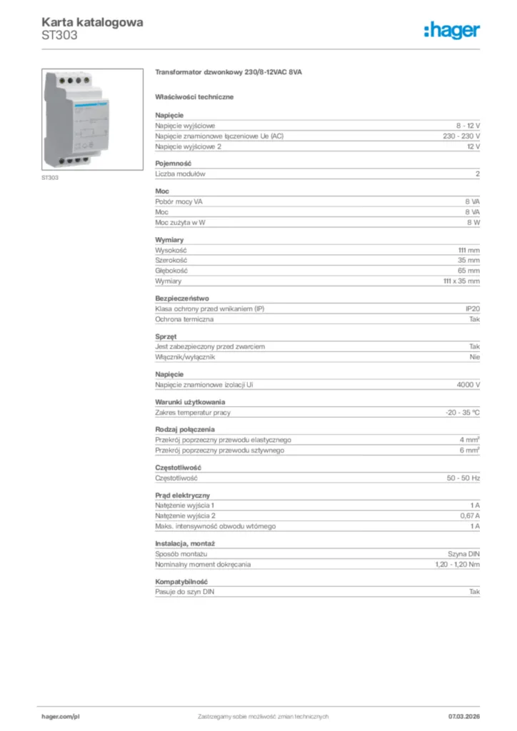 Zdjęcie Hager Karta katalogowa ST303 | Hager Polska