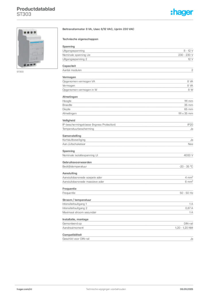 Afbeelding Hager Productdatablad ST303 | Hager Nederland