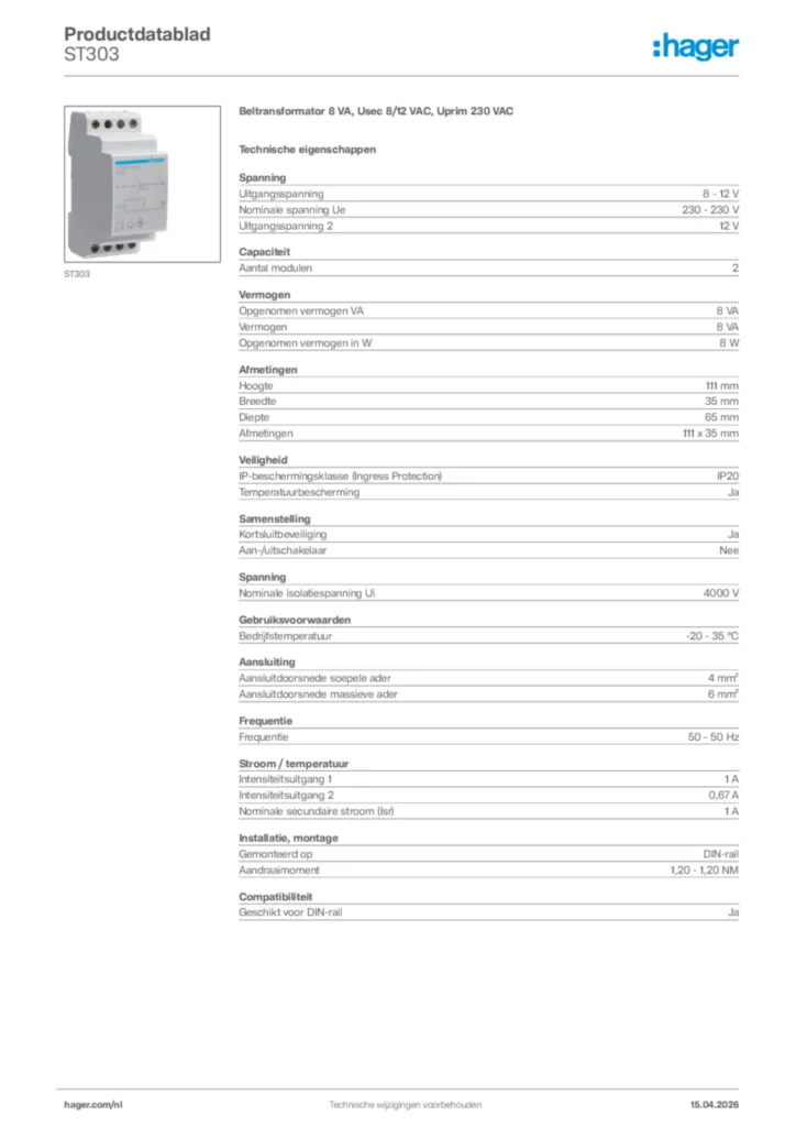 Afbeelding Hager Productdatablad ST303 | Hager Nederland