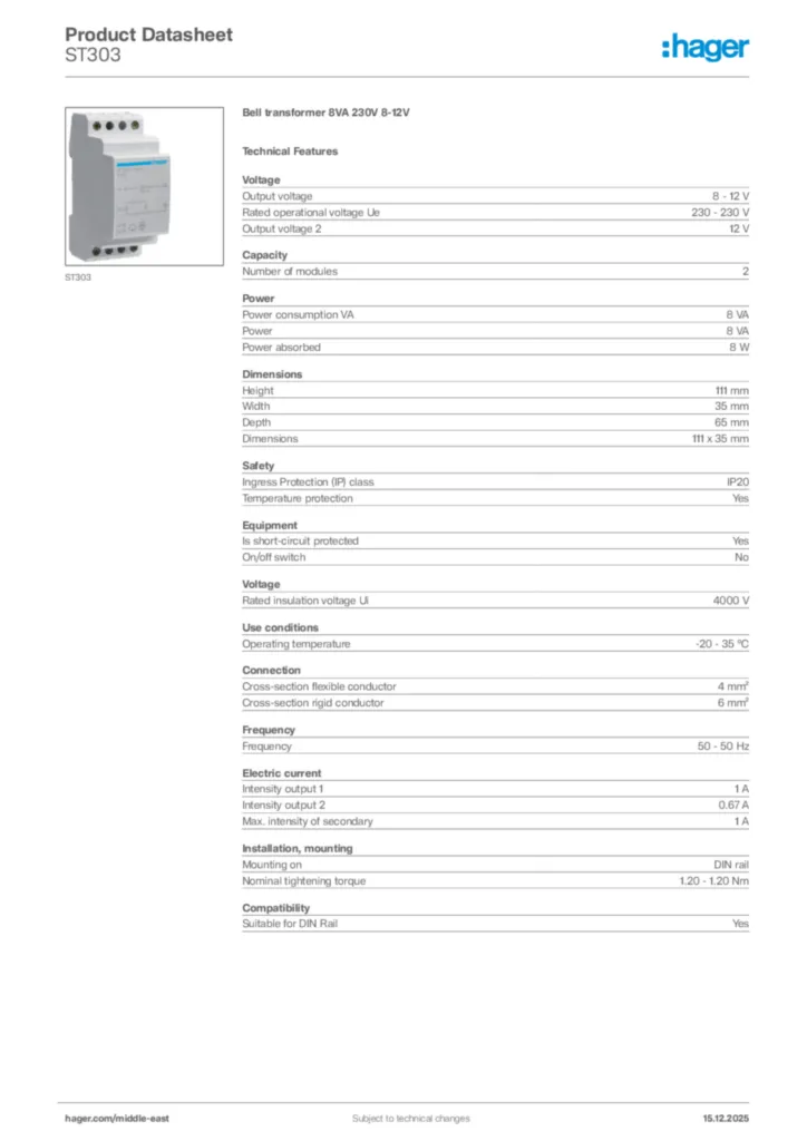 Image Hager Product data sheet ST303  | Hager