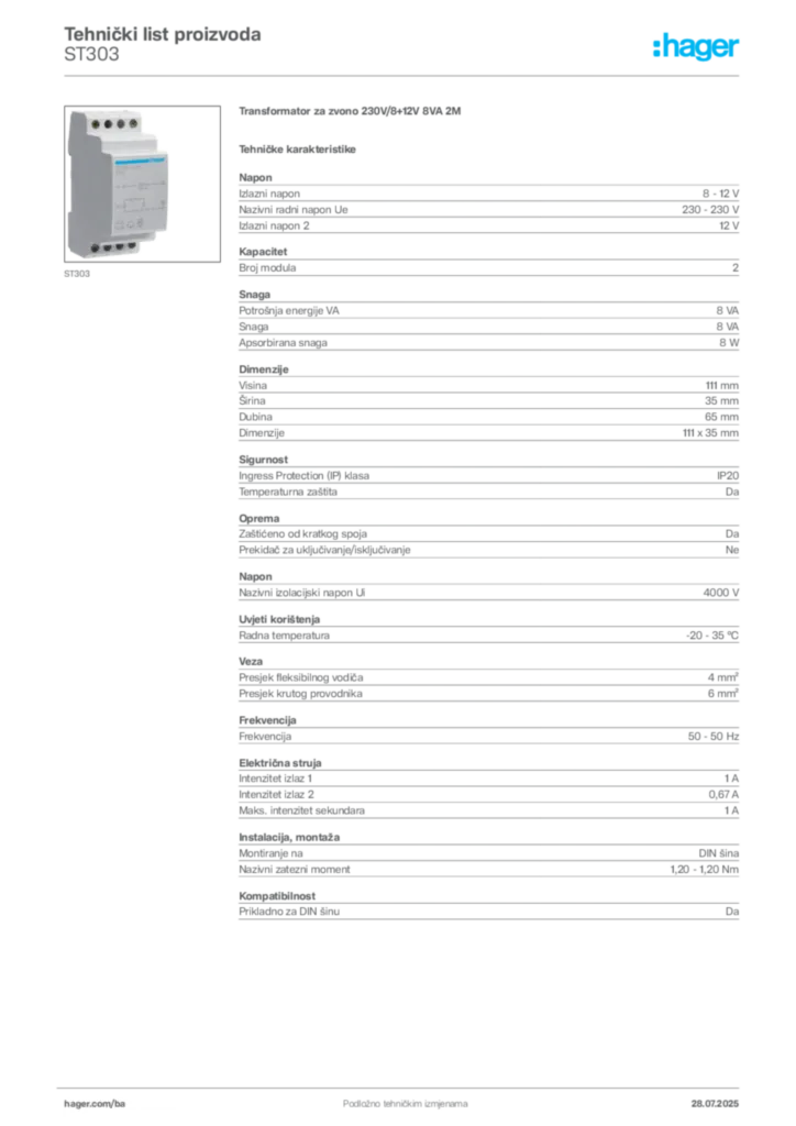 Slika Hager Product data sheet ST303  | Hager