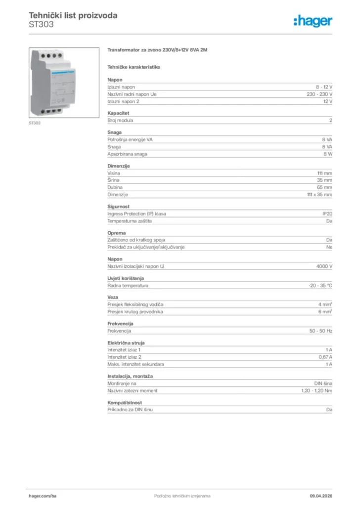 Slika Hager Tehnički list proizvoda ST303  | Hager