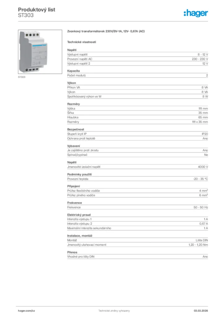 Obrázek Hager Product data sheet ST303 | Hager