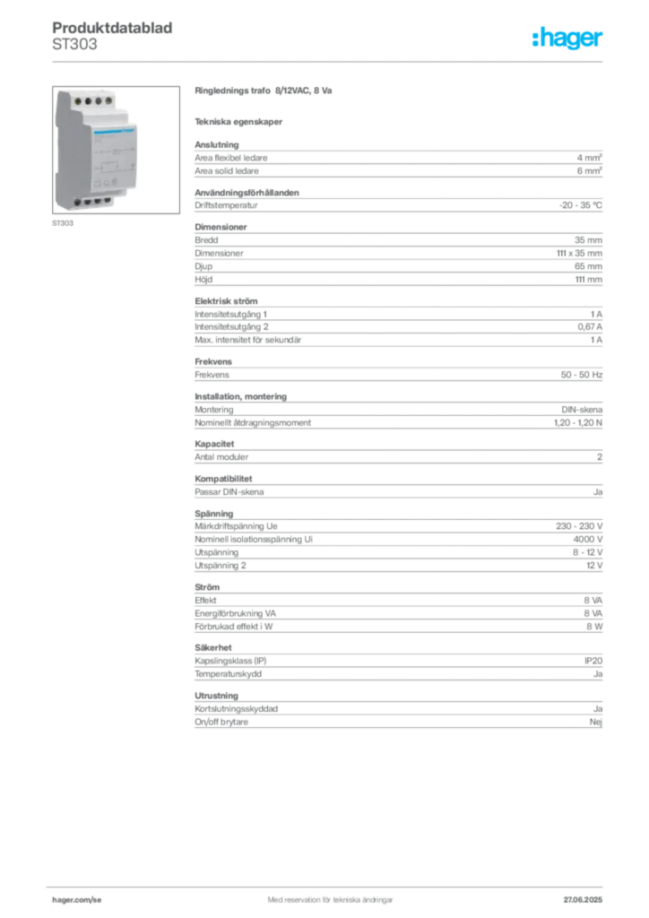 Bild Hager Produktdatablad ST303 | Hager Sverige