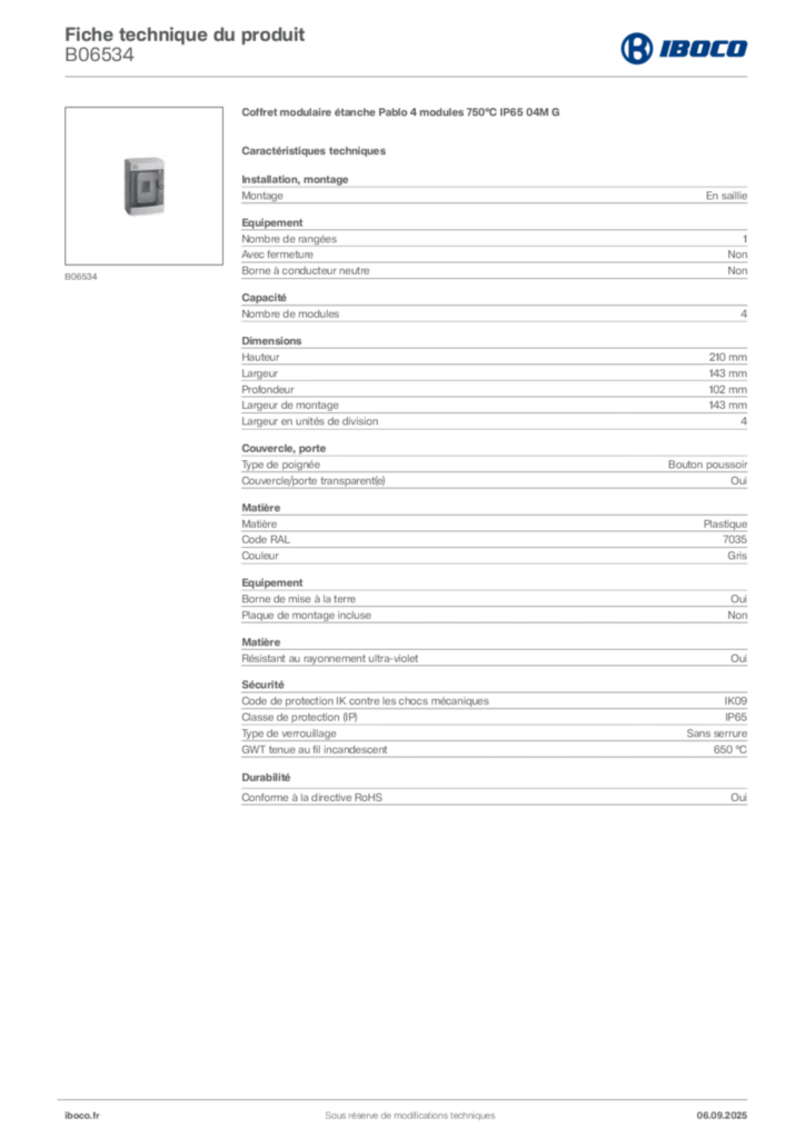 Image Iboco Fiche technique du produit B06534 | Hager France