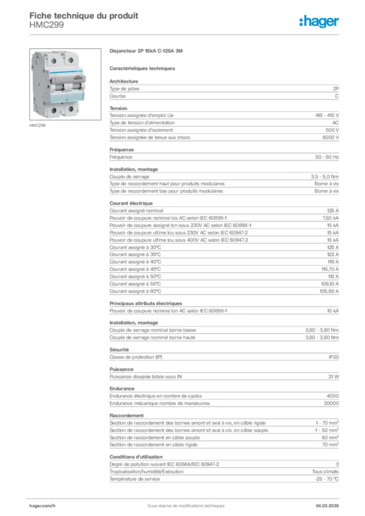 Image Hager Fiche technique du produit HMC299 | Hager France
