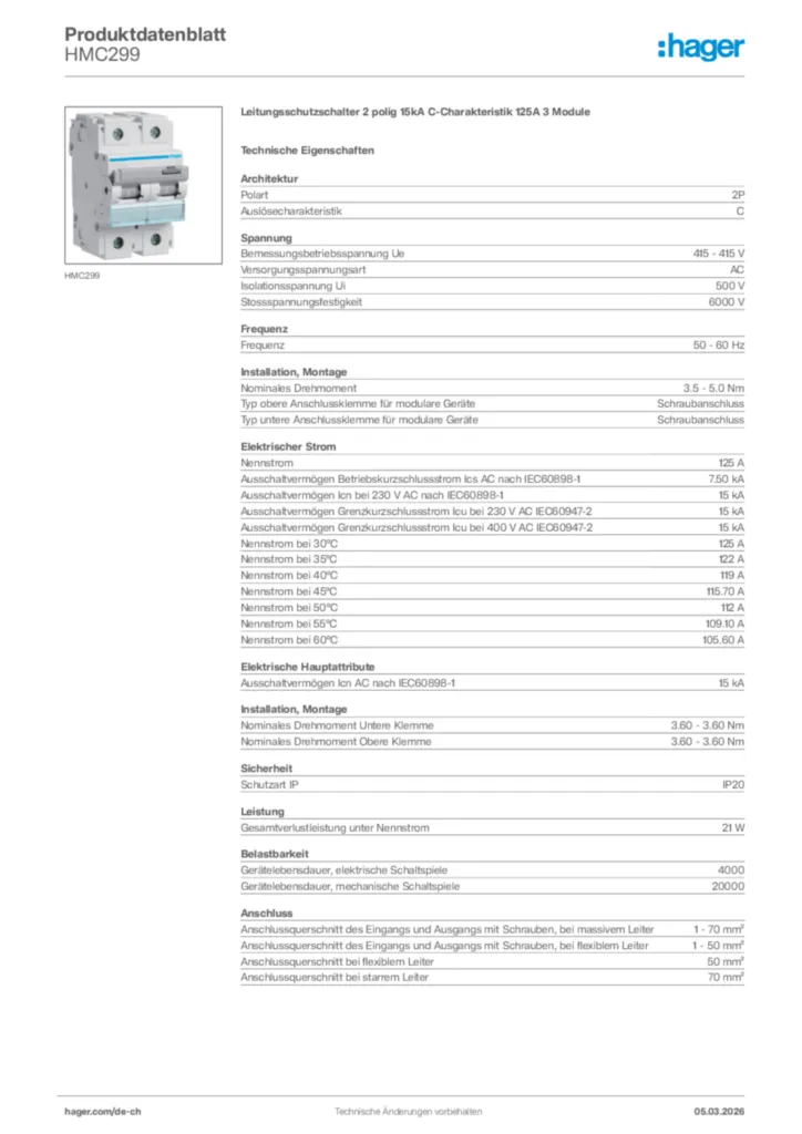 Bild Hager Produktdatenblatt HMC299 | Hager Schweiz
