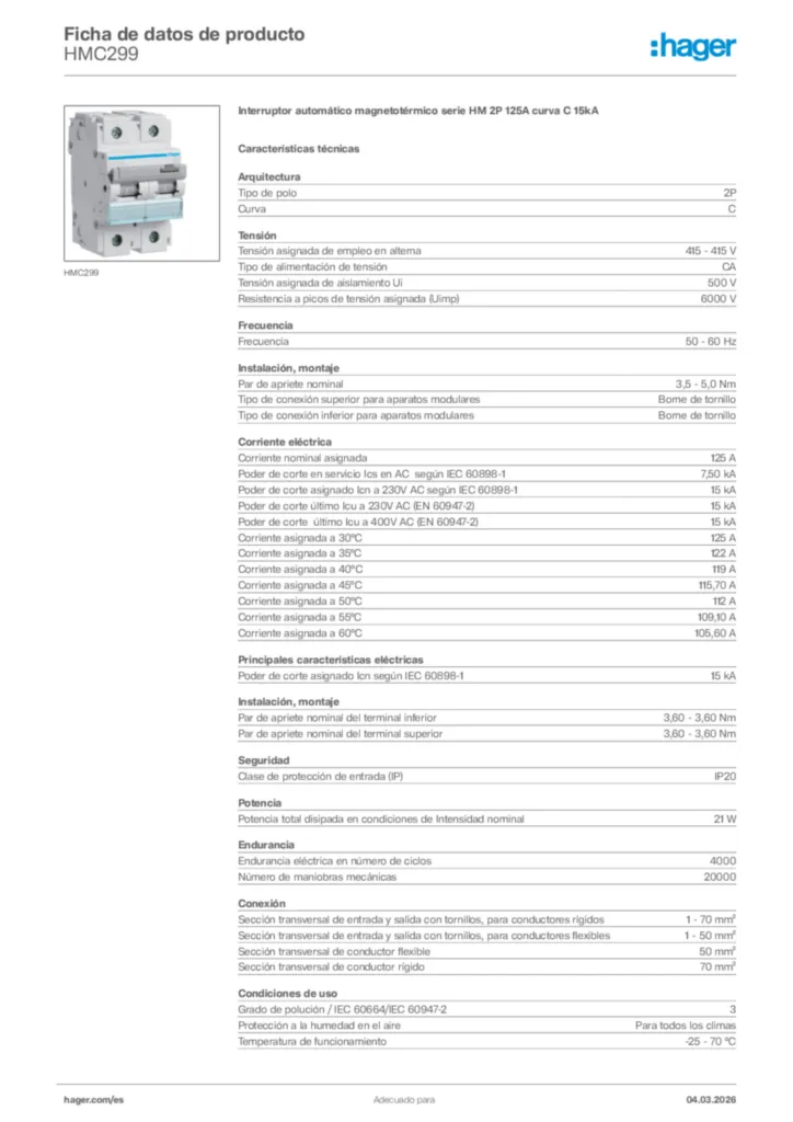 Imagen Hager Ficha de datos de producto HMC299 | Hager España