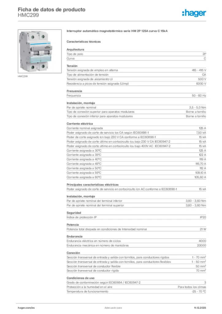 Imagen Hager Ficha de datos de producto HMC299 | Hager España