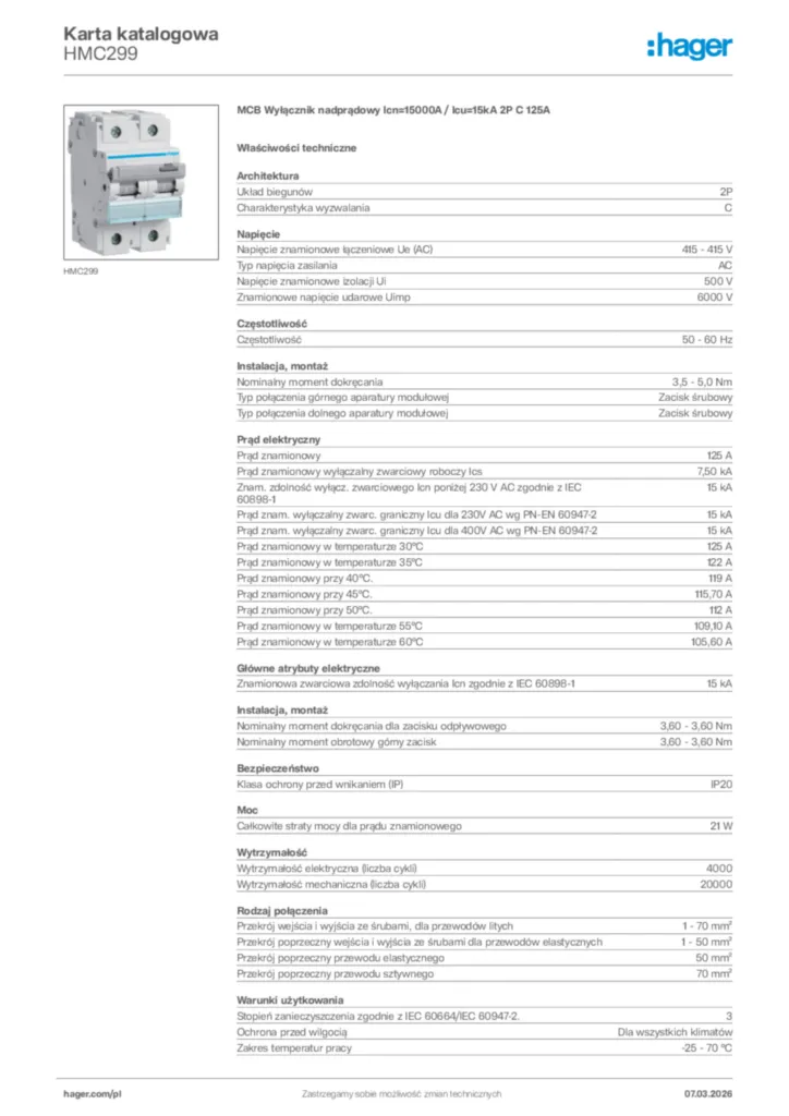 Zdjęcie Hager Karta katalogowa HMC299 | Hager Polska