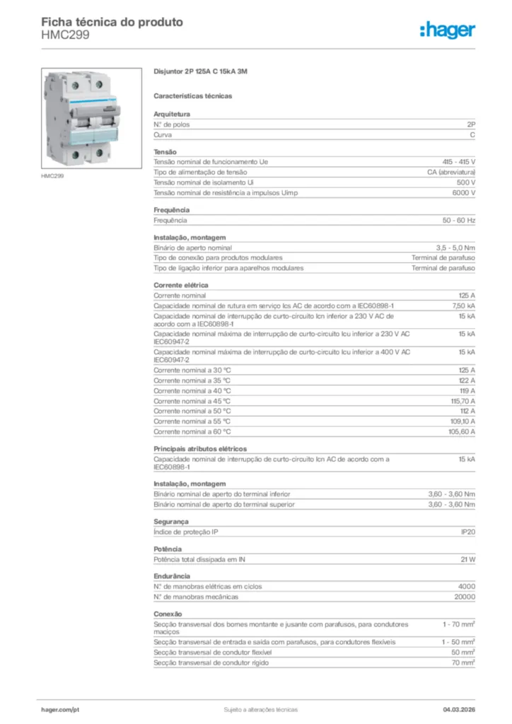 Imagem Hager Ficha técnica do produto HMC299 | Hager Portugal