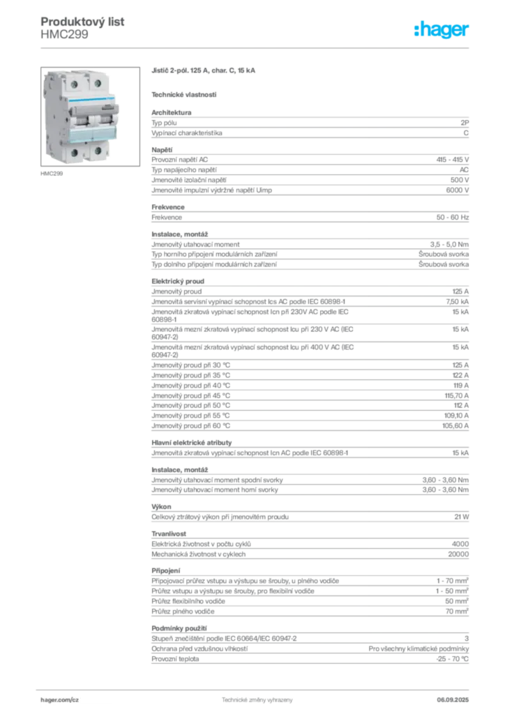 Obrázek Hager Produktový list HMC299 | Hager