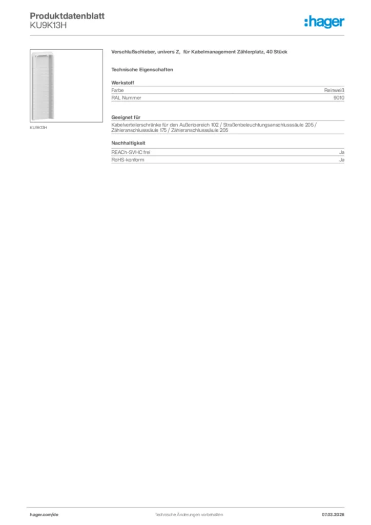 Bild Hager Produktdatenblatt KU9K13H | Hager Deutschland