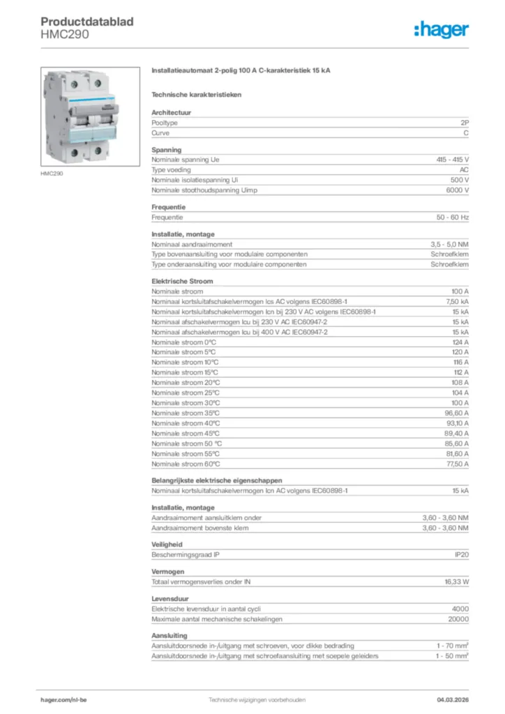 Afbeelding Hager Productdatablad HMC290 | Hager Belgium