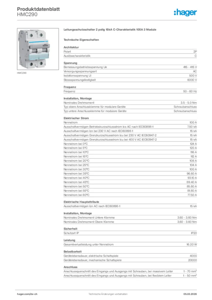 Bild Hager Produktdatenblatt HMC290 | Hager Schweiz