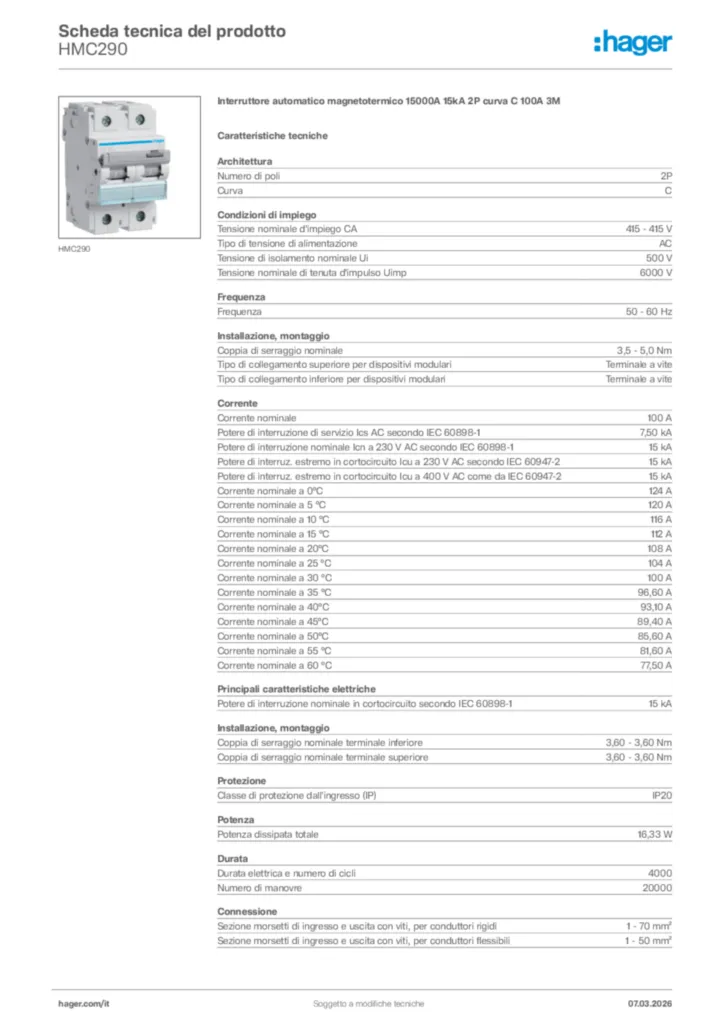 Immagine Hager Scheda tecnica del prodotto HMC290 | Hager Italia