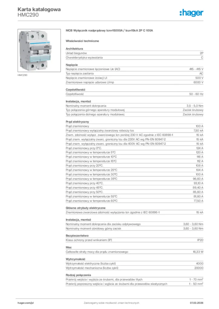 Zdjęcie Hager Karta katalogowa HMC290 | Hager Polska