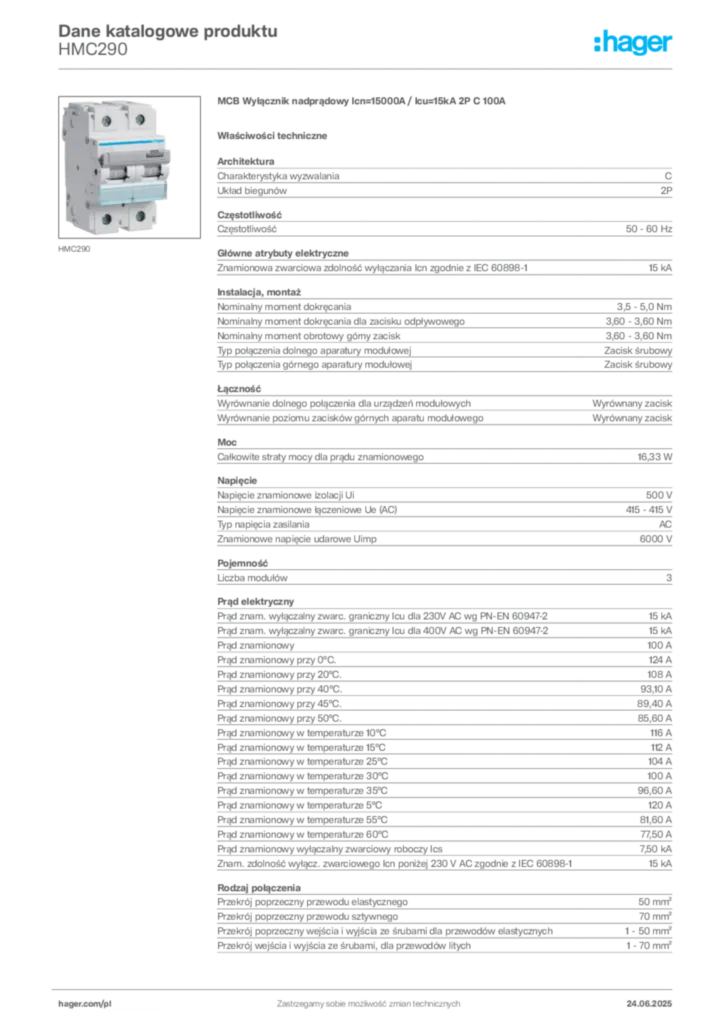 Zdjęcie Hager Dane katalogowe produktu HMC290 | Hager Polska