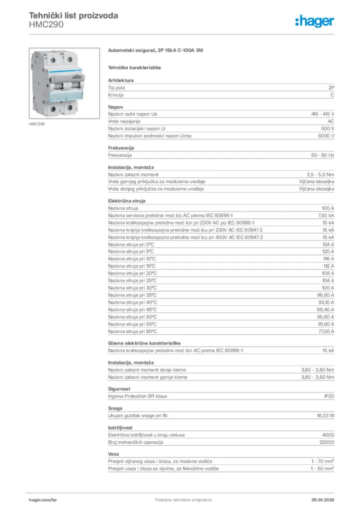 Slika Hager Tehnički list proizvoda HMC290  | Hager