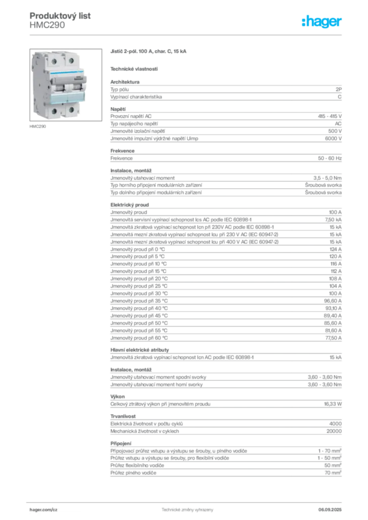 Obrázek Hager Produktový list HMC290 | Hager