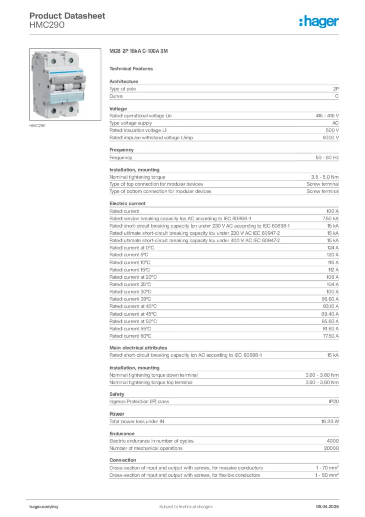 Image Hager Product data sheet HMC290  | Hager