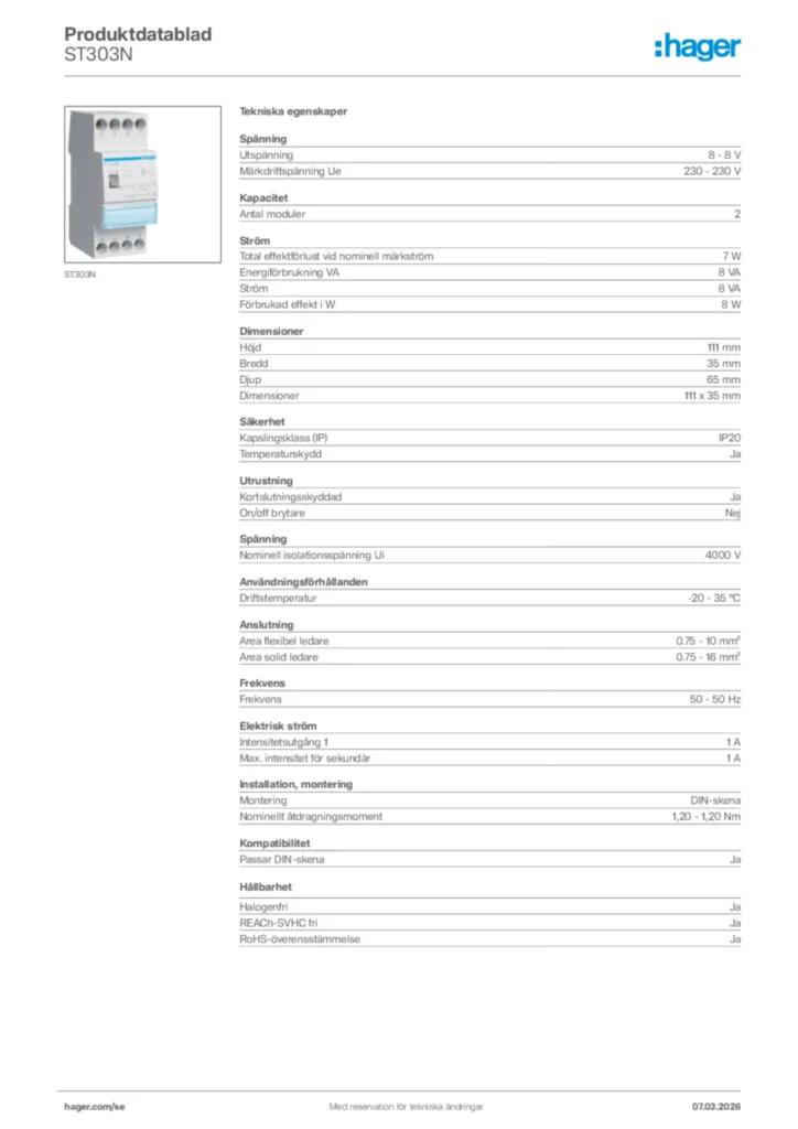 Bild Hager Produktdatablad ST303N | Hager Sverige