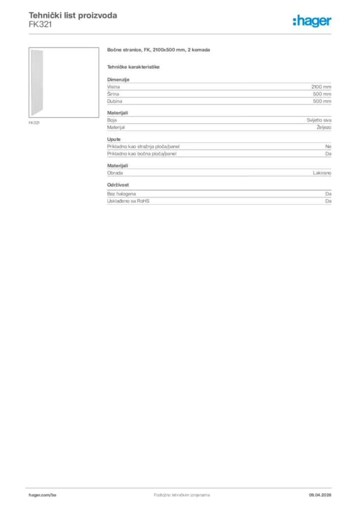 Slika Hager Tehnički list proizvoda FK321  | Hager