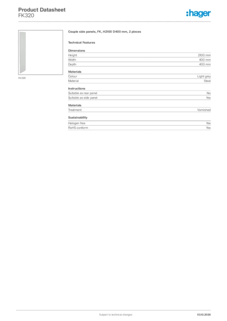Image Hager Product data sheet FK320  | Hager Africa