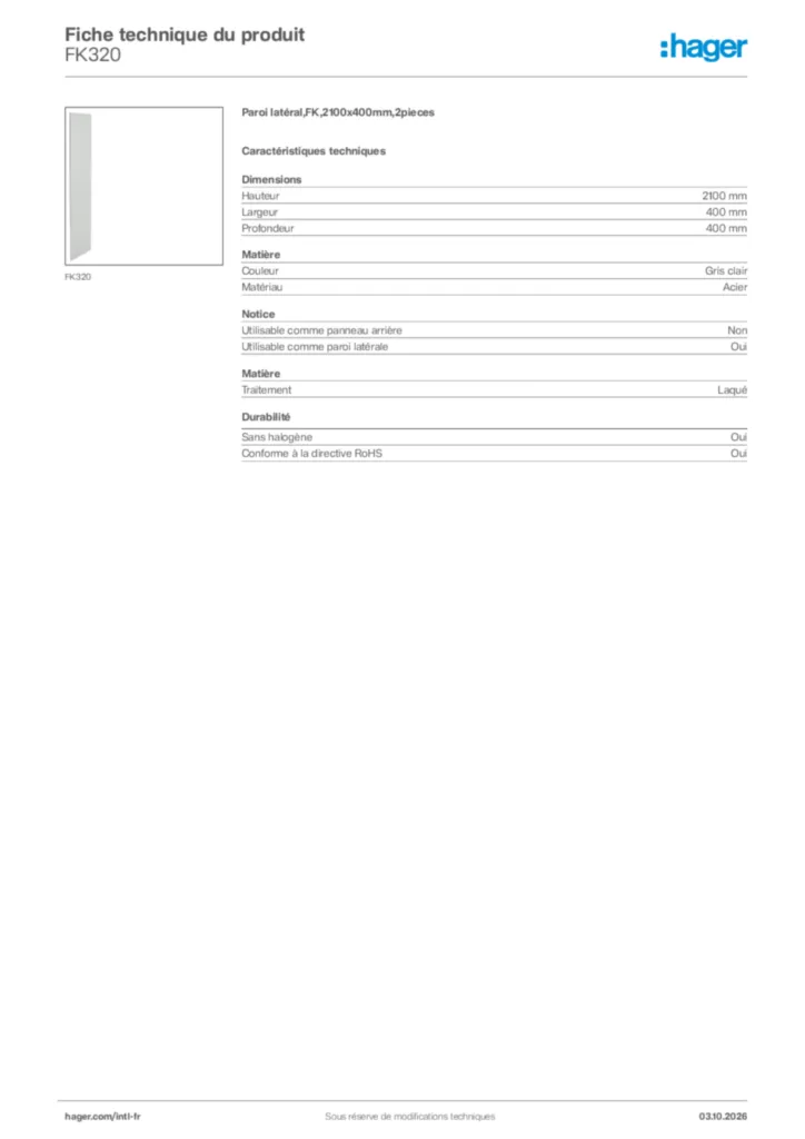 Image Hager Fiche technique du produit FK320 | Hager Afrique
