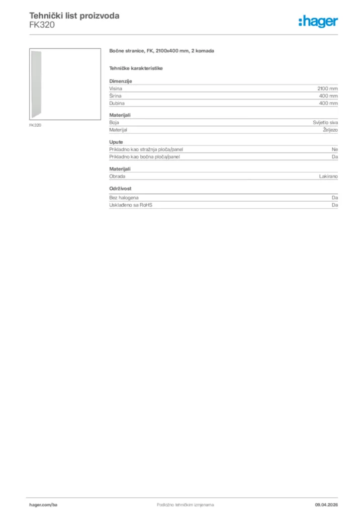 Slika Hager Tehnički list proizvoda FK320  | Hager