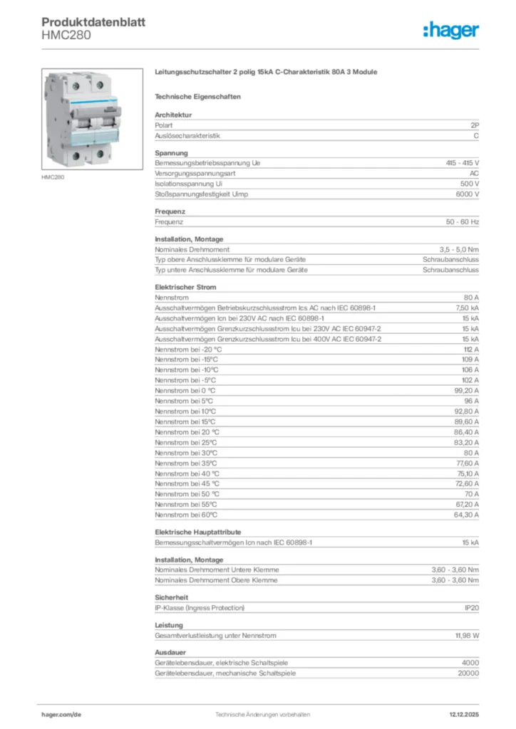 Bild Hager Produktdatenblatt HMC280 | Hager Deutschland