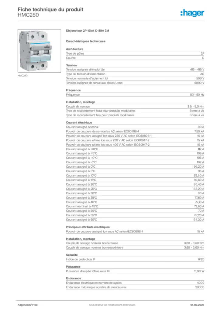 Image Hager Fiche technique du produit HMC280 | Hager Belgique