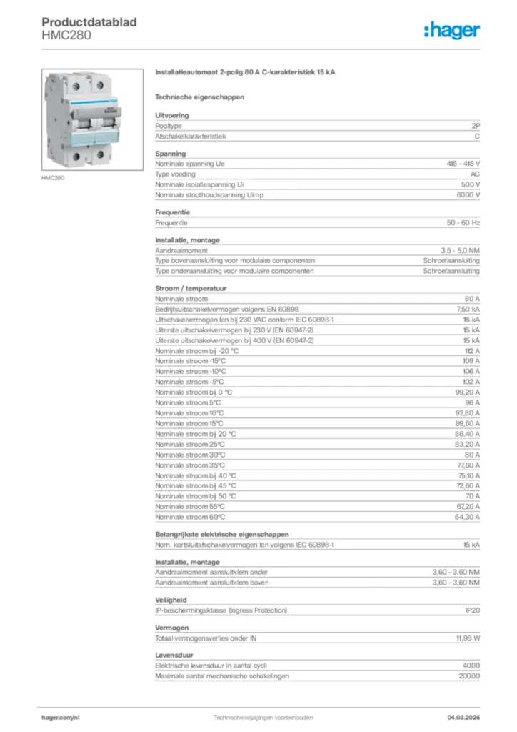 Afbeelding Hager Productdatablad HMC280 | Hager Nederland