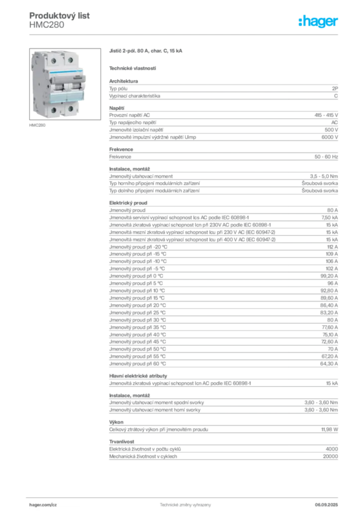 Obrázek Hager Produktový list HMC280 | Hager