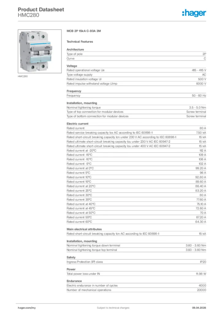Image Hager Product data sheet HMC280  | Hager