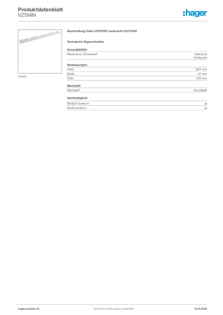 Bild Hager Produktdatenblatt VZ514N | Hager Schweiz