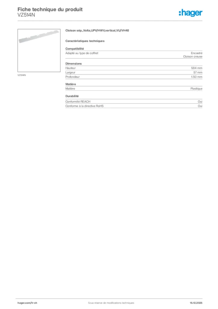 Image Hager Fiche technique du produit VZ514N | Hager Suisse
