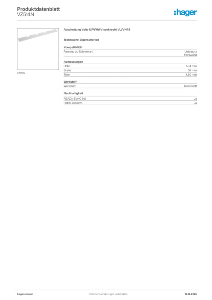 Bild Hager Produktdatenblatt VZ514N | Hager Deutschland