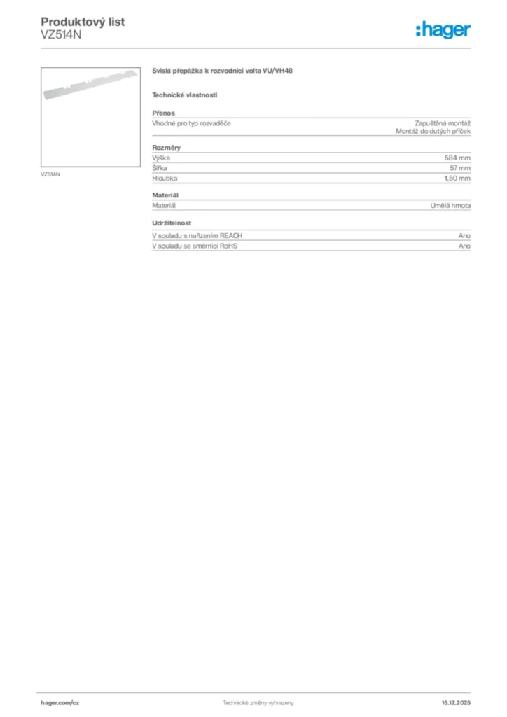 Obrázek Hager Produktový list VZ514N | Hager