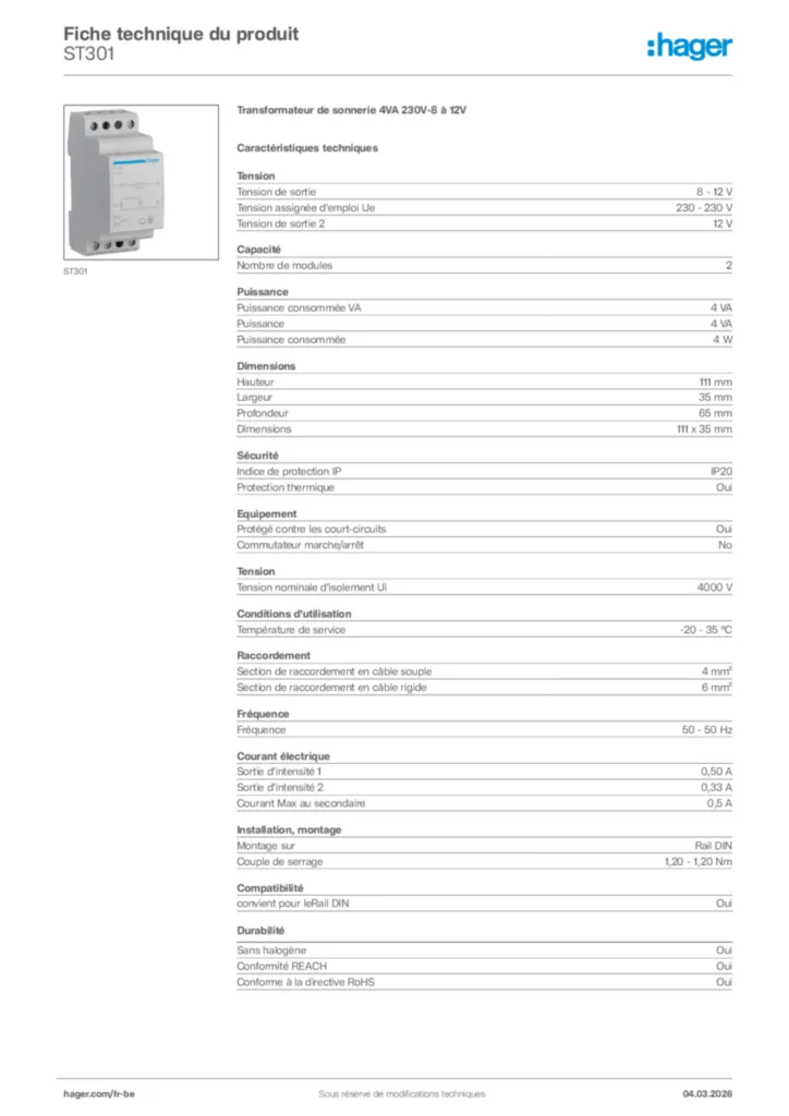 Image Hager Fiche technique du produit ST301 | Hager Belgique