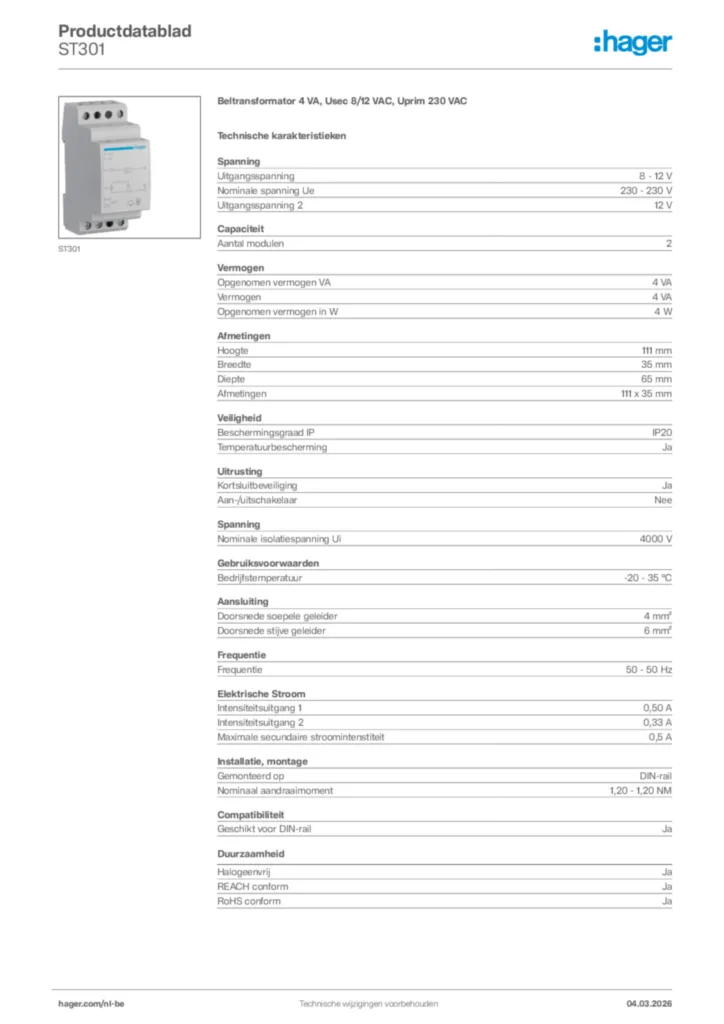 Afbeelding Hager Productdatablad ST301 | Hager Belgium