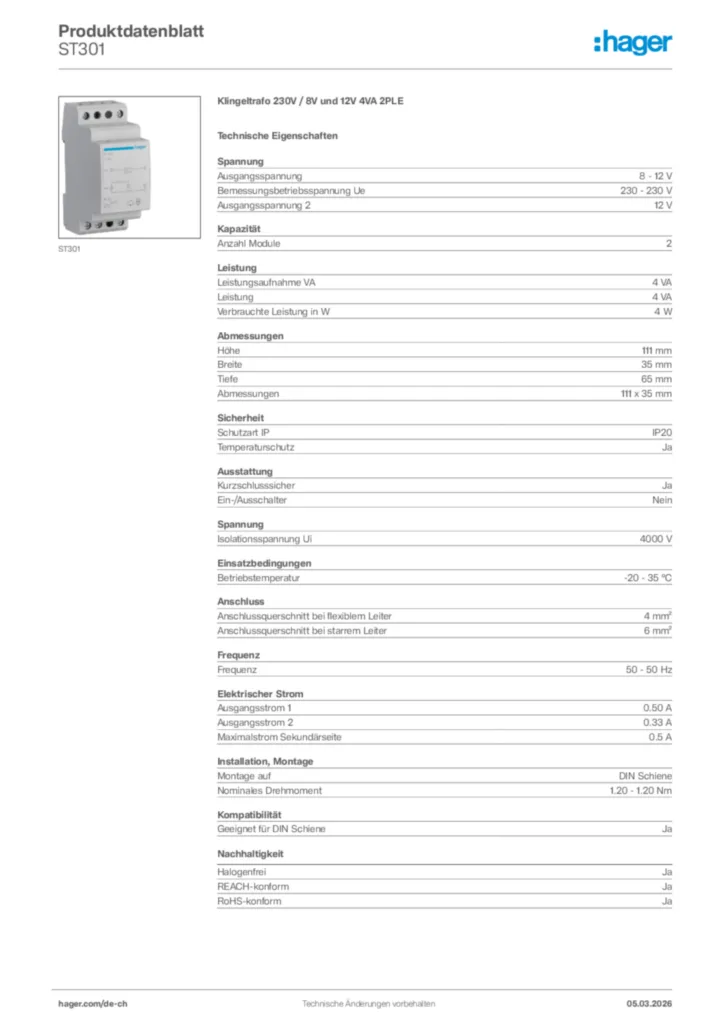 Bild Hager Produktdatenblatt ST301 | Hager Schweiz