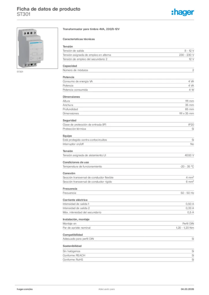 Imagen Hager Ficha de datos de producto ST301 | Hager España