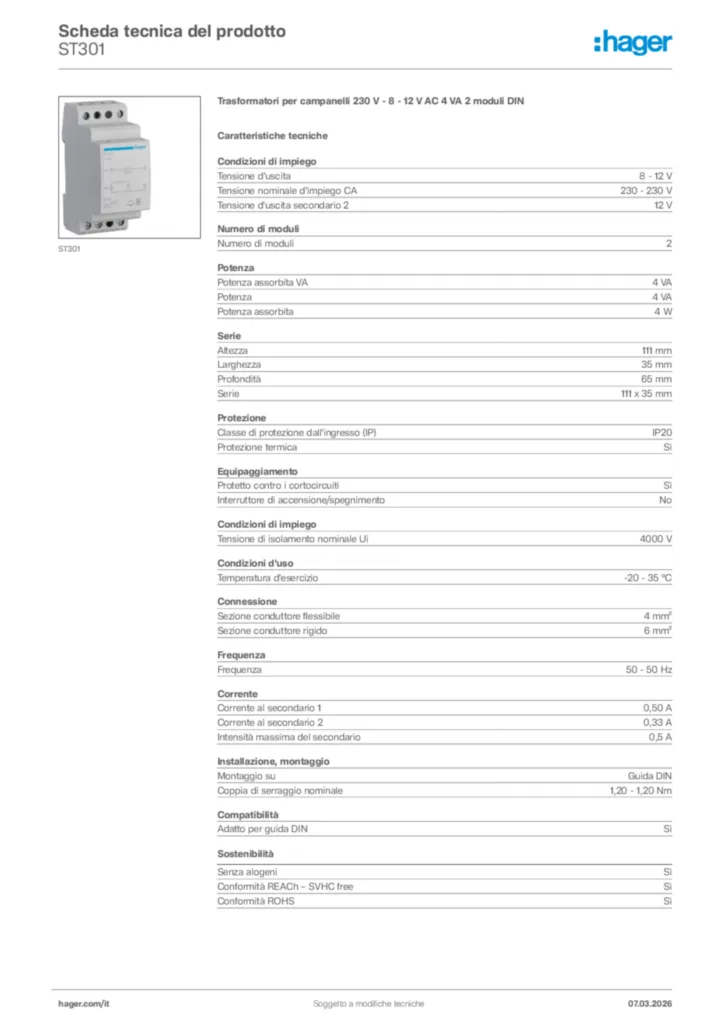Immagine Hager Scheda tecnica del prodotto ST301 | Hager Italia